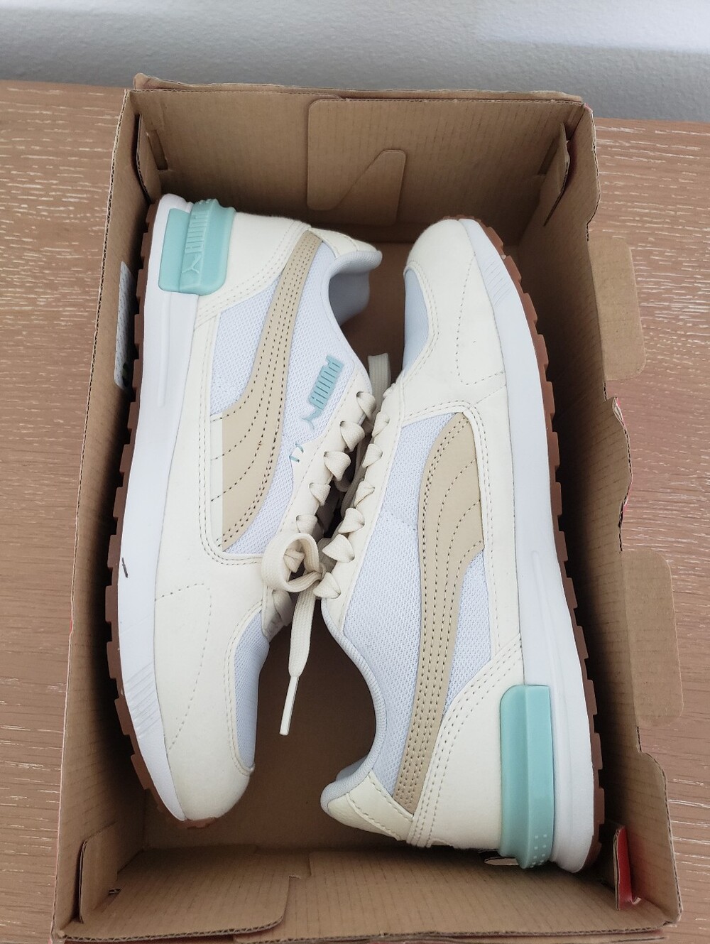 Women's Puma Cream White Sneakers with Tan Formstrip and Aqua Heel - Picture 7 of 9